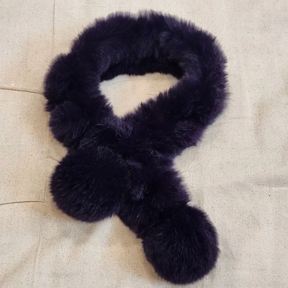 Plush Dark Purple Faux Fur Pom Pom Scarf Winter Festival Weather Neck Warmer 29